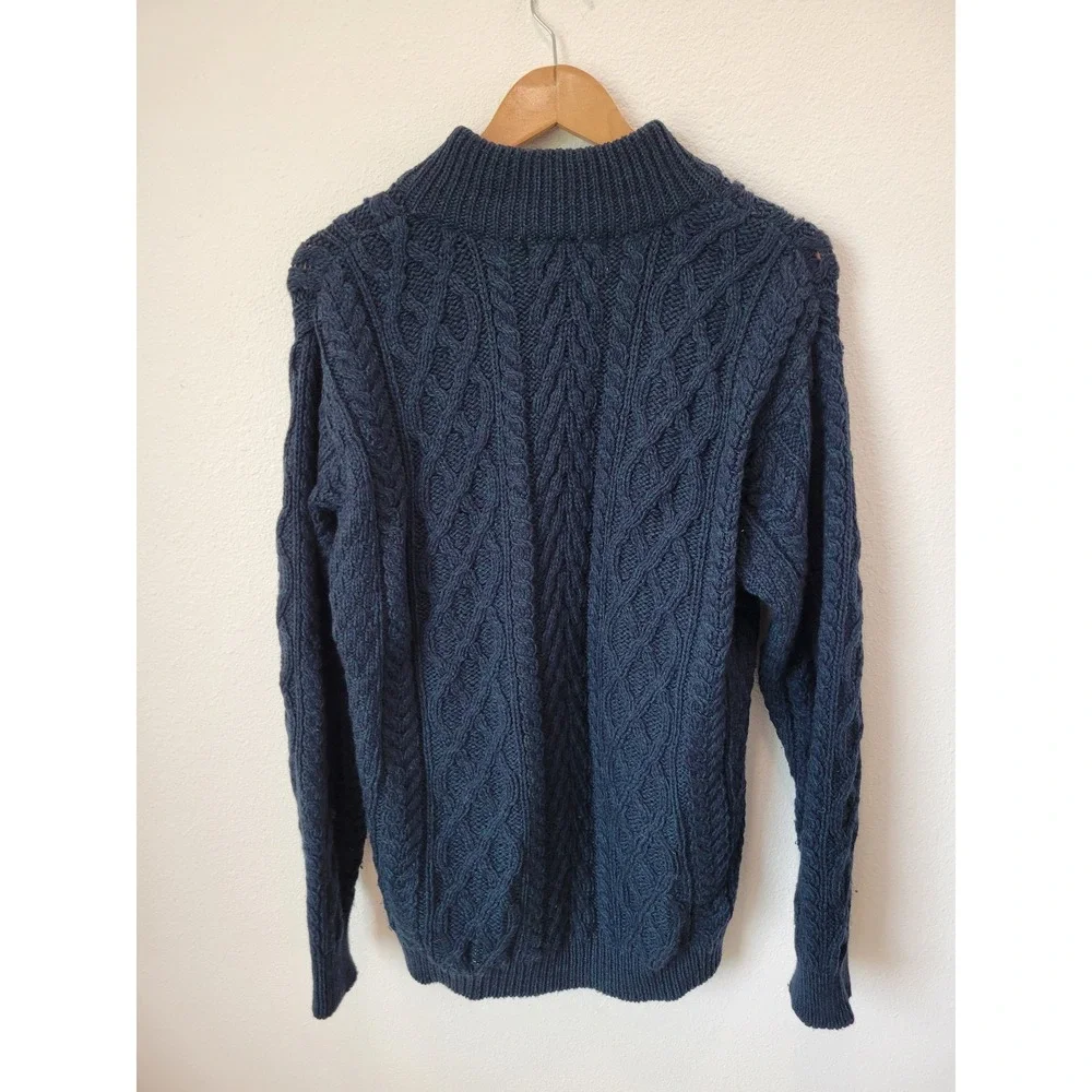 Aran Crafts Ireland Merino Wool Cable Knit Quarter Zip Sweater Blue Size M